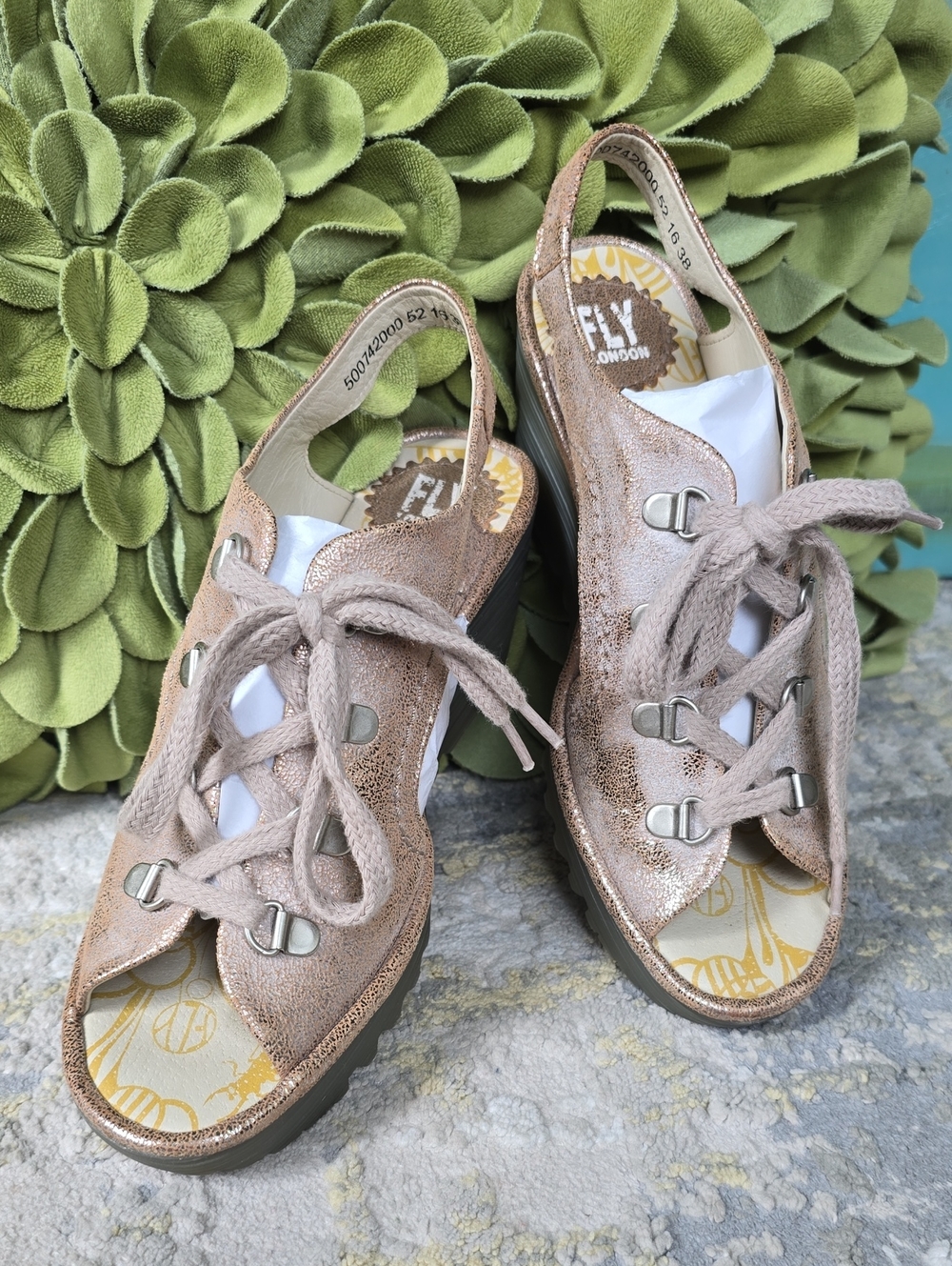 Fly London Women’s YLFA  Metallic Gold Lace-Up Slingback Sandals Size 38